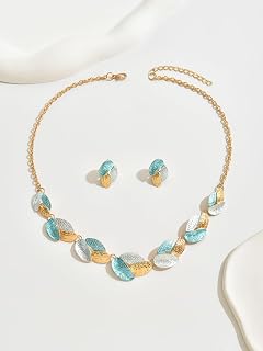 Ensemble élégant collier et boucles d'oreilles en forme de feuille texturée bleue et blanche pour femme, bijoux tendance légers, chaîne de collier, cadeau de fête de mariage