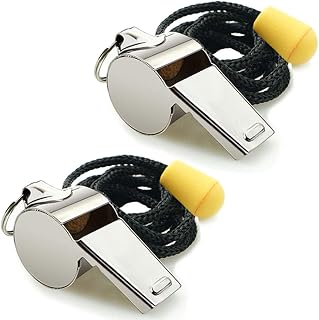 Hipat Whistle, 2 Pack Stainless Steel Sports Whistles with Lanyard, Loud Crisp Sound Whistles Great for Coaches, Referees, and Officials