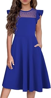 Flypigs Girls Dresses Summer Formal Party Wedding Ruffle Sleeve Mesh Knee Length A Line Dress with Pockets