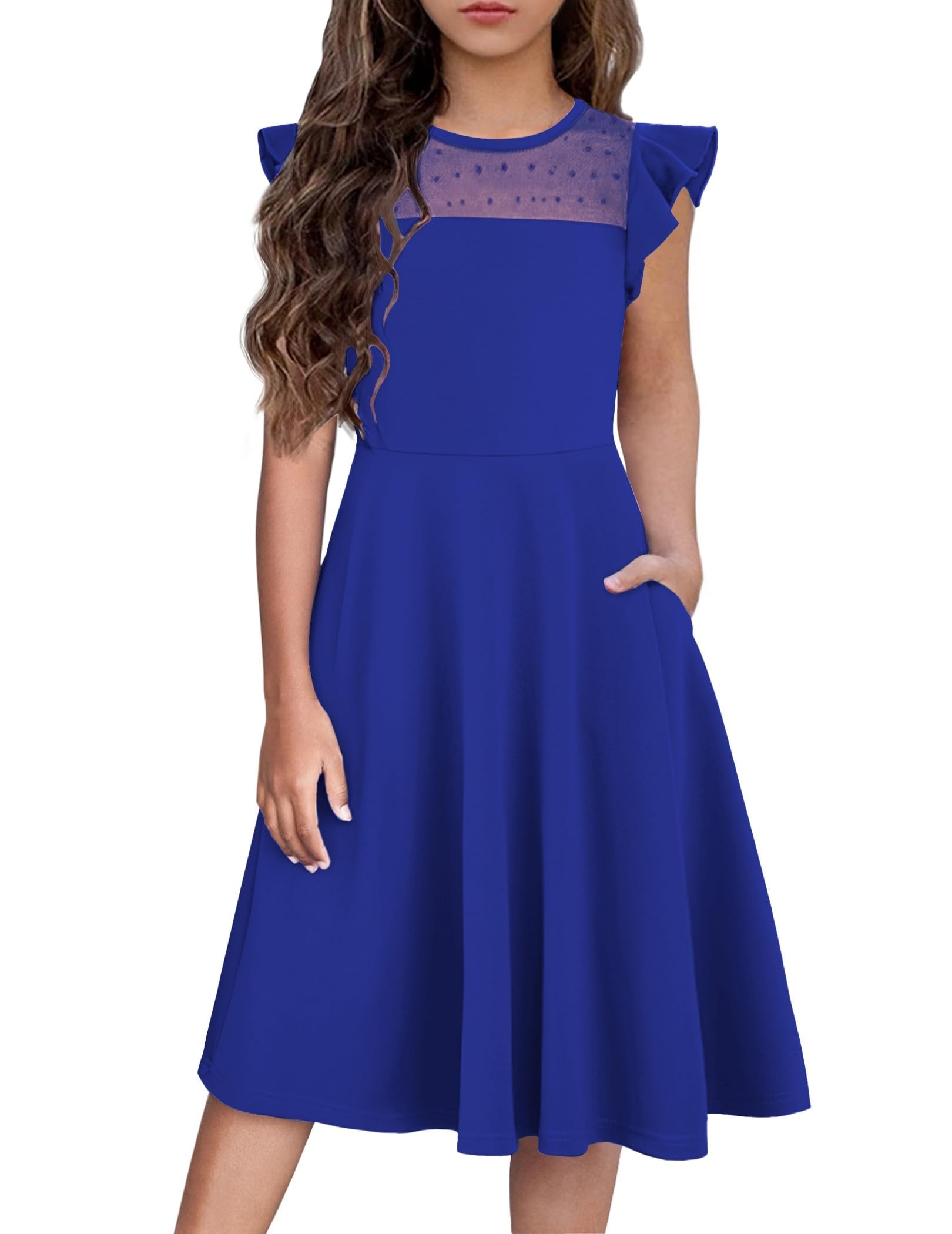 Flypigs Girls Dresses Summer Formal Party Wedding Ruffle Sleeve Mesh Knee Length