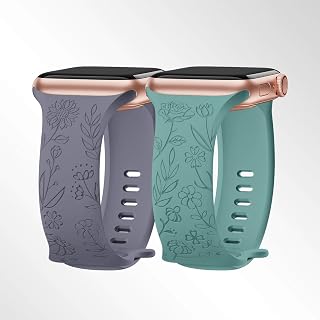 2 Pack Women Watch Bands with Flower Engraving Compatible with Apple Watch Bands 38mm 40mm 41mm 42mm 44mm 45mm 46mm 49mm for iWatch Series 10 9 8 7