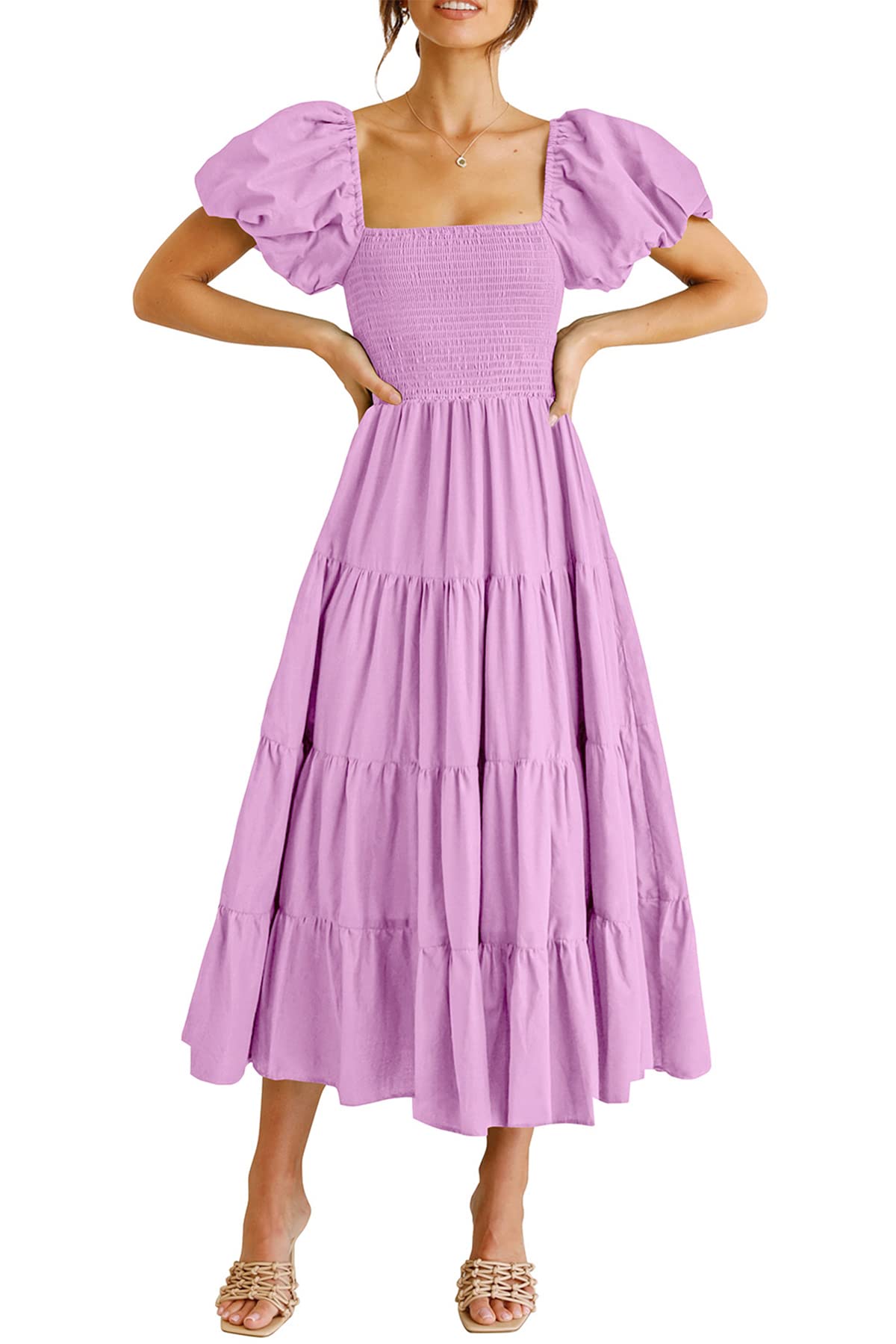 PRETTYGARDEN Women's Casual Summer Midi Dress Puffy Short Sleeve Square Neck Smo