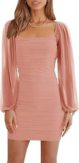 Womens Mesh Long Sleeve Square Neck Ruched Cocktail Bodycon Mini Dresses