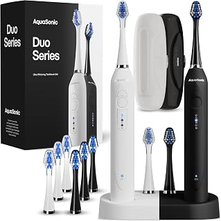 Aquasonic - Duo Dual Handle Ultra Whitening 40,000 VPM Toothbrush | Wireless Charging Electric ToothBrush - 3 Modes with Smart Timers - 10 Dupont Brush Heads & 2 Travel Cases Included