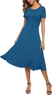 EXCHIC Women's Casual, Round Neck, A-Line, Short Sleeve Midi Dress, Summer, Stretchy, Knee Length, Casual Dresses