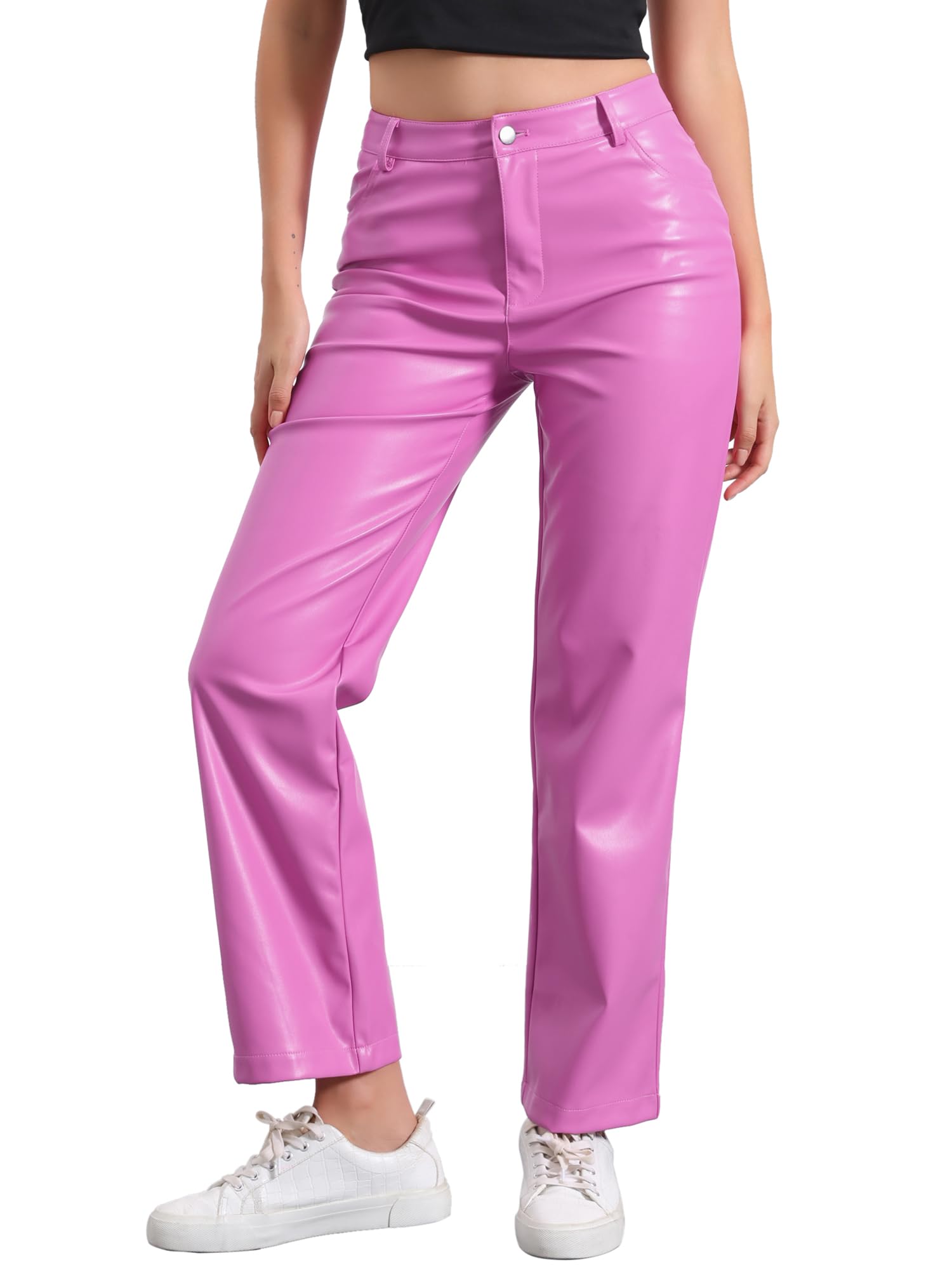 Allegra K Women Punk High Waist Straight Leg Faux Leather Pants