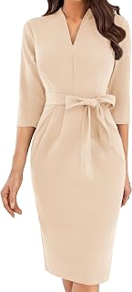 GRACE KARIN Women's Cocktail Dress with 3/4 Sleeves, Elegant Midi Bodycon Dress, V-Neck, Slim Fit Pencil Dress with Belt, Wedding Guest Dresses, Everyday Dress