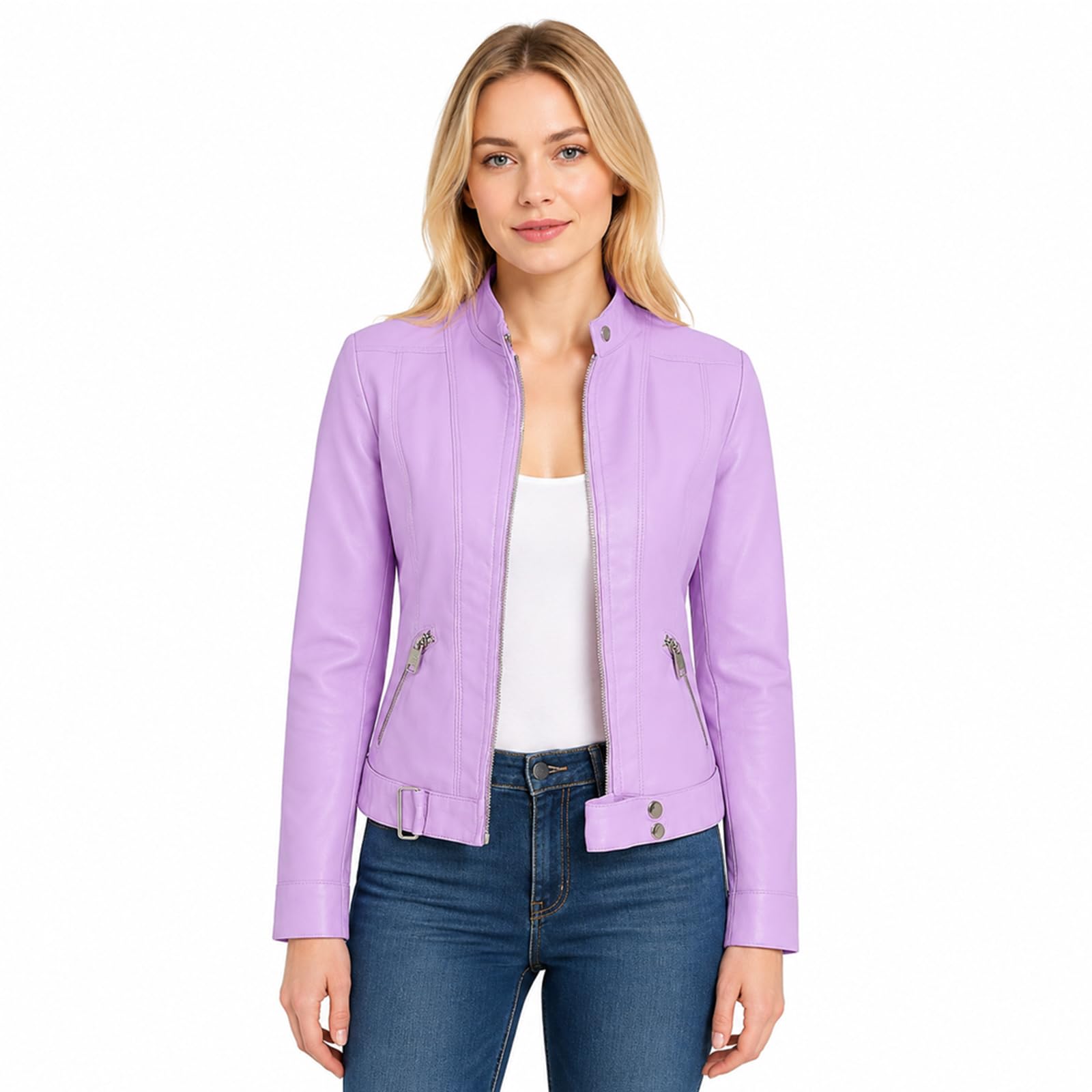 YMADREIG Leather Jacket Women Zip Up Long Sleeve Crop Motorcycle Jackets Slim Fi