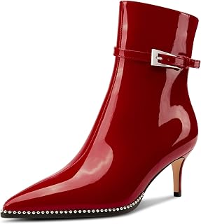 NobleOnly Women's Half Kitten Heel Closed Toe Pointed Toe Ankle Boots Buckle Closure Zipper Casual Boots 6.5cm Heels