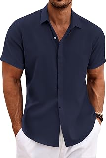 COOFANDY Men's Linen Shirt Short Sleeve Button Down Shirts Casual Regular Fit Summer Beach Linen Shirt