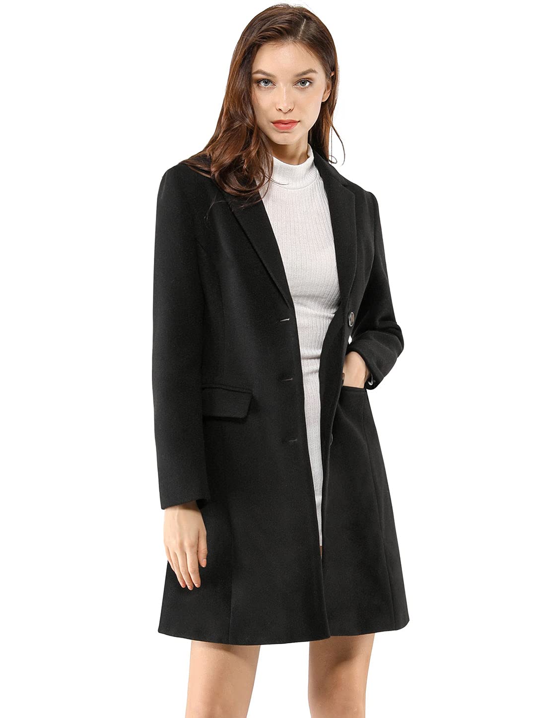 Allegra K Women's Single Breasted Peacoat Work A-line Winter Overcoat