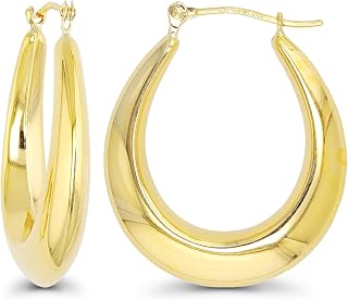 14K Yellow Gold High Polished Oval Hoop Earrings with Hinged Clasp | Various Sizes & Design | Yellow Gold Hoops | Solid 14k Gold Earrings Gold For Women