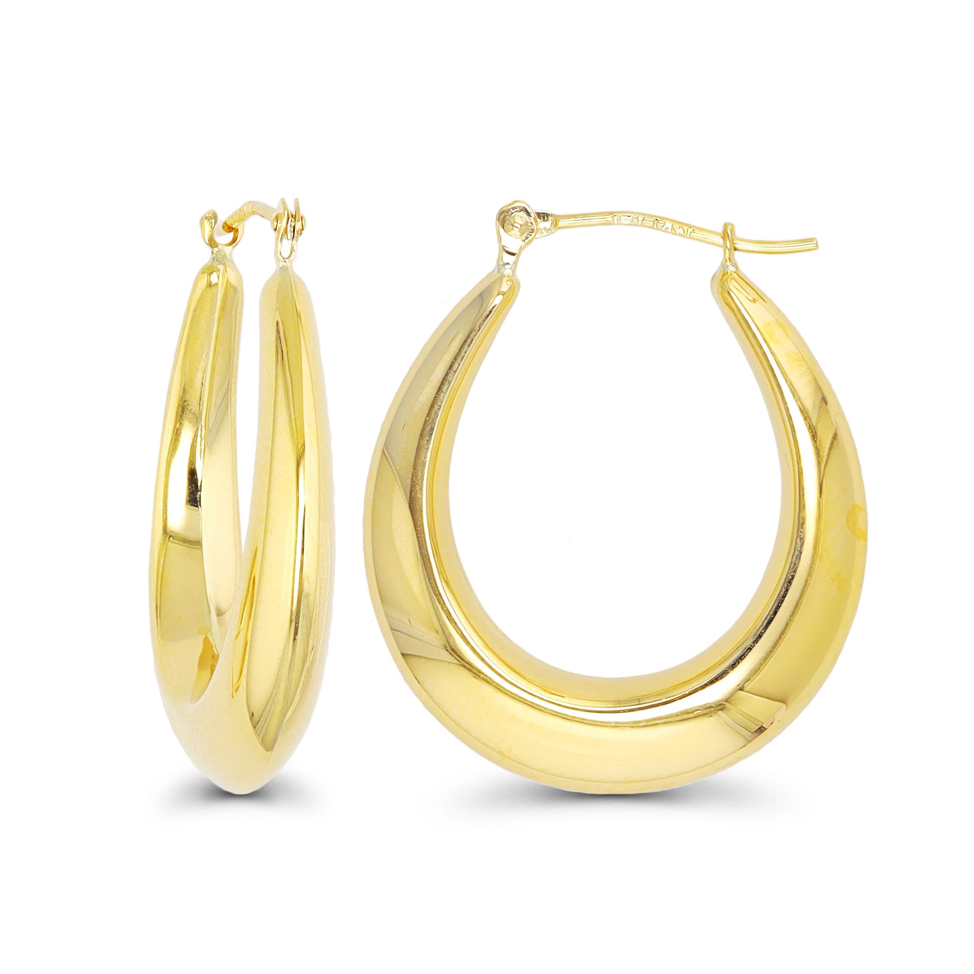 14K Yellow Gold High Polished Oval Hoop Earrings with Hinged Clasp | Various Siz