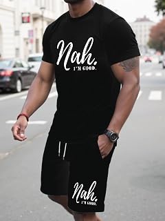 Men's Summer Sports Two Piece Set Stylish Printed Design Crew Neck T-Shirt and Shorts Casual Wear