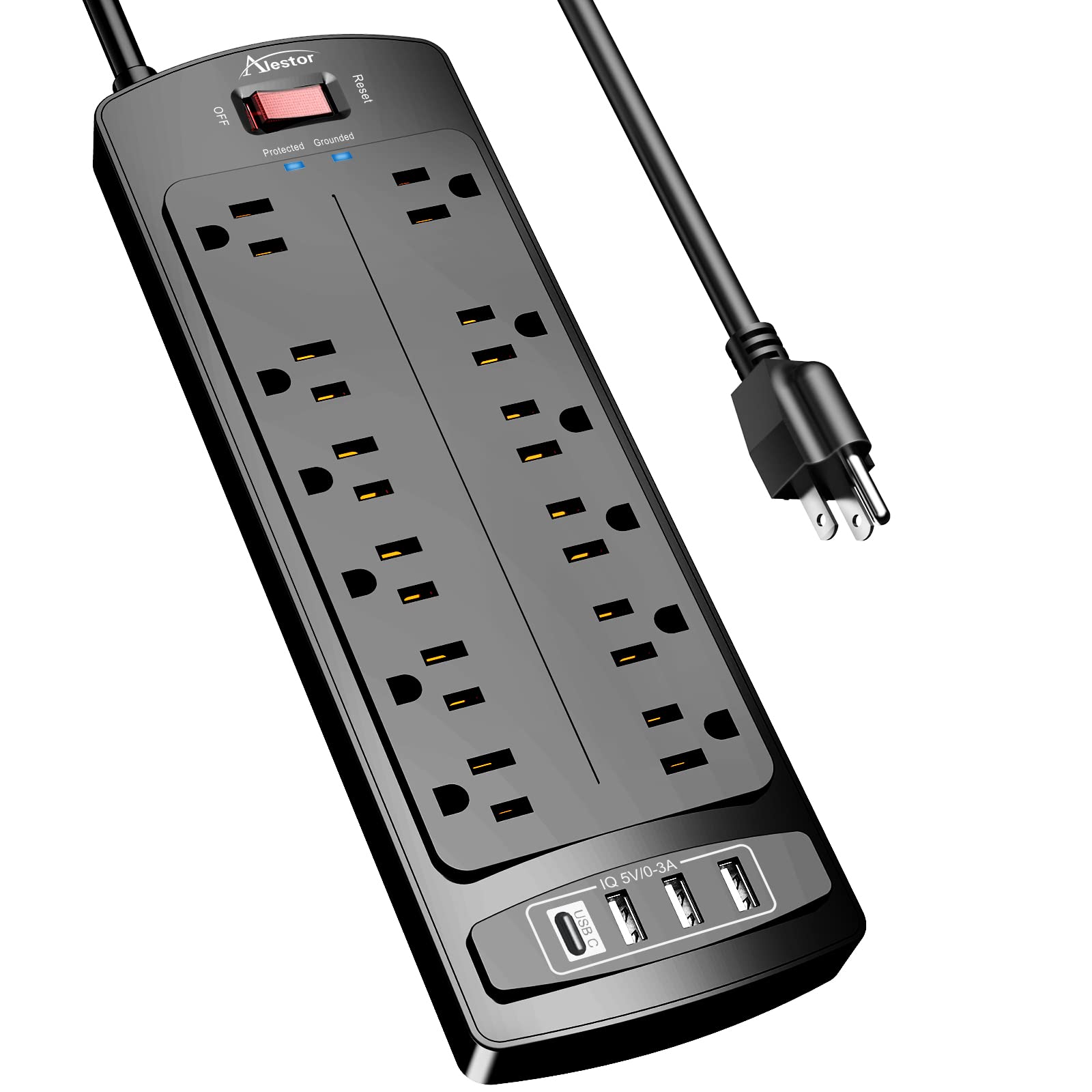 ALESTOR 6 Ft Surge Protector Power Strip with 12 Outlets and 4 USB Ports | 2700 