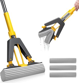 MASTERTOP Self-Wringing Sponge Floor Mop with 3 Replacement Pads, Lazy Mop