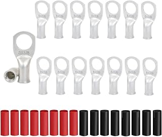16Pcs 8 AWG 3/8" Stud Heavy Duty Tinned Copper Wire Lugs with 16Pcs 3:1 Black & Red Heat Shrink Tubing 8 Gauge Copper Battery Cable Ends Eyelets Tubular Ring Terminal