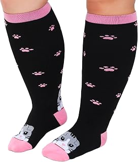 PUTUO Compression Stockings Large Size: Compression Socks Big Calf Women's Compression Socks Class 2 for Sports, Cycling, Travel, Plane Cat Design, 1 Pair