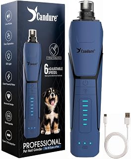 Candure Whisper Quiet Dog Nail Grinder with 360 Degree LED Light, 6-Speed Rechargeable Pet Nail Trimmers with Extra Grinding Head for Safe, Stress-Free Grooming for All Pet Sizes (Dark Blue)