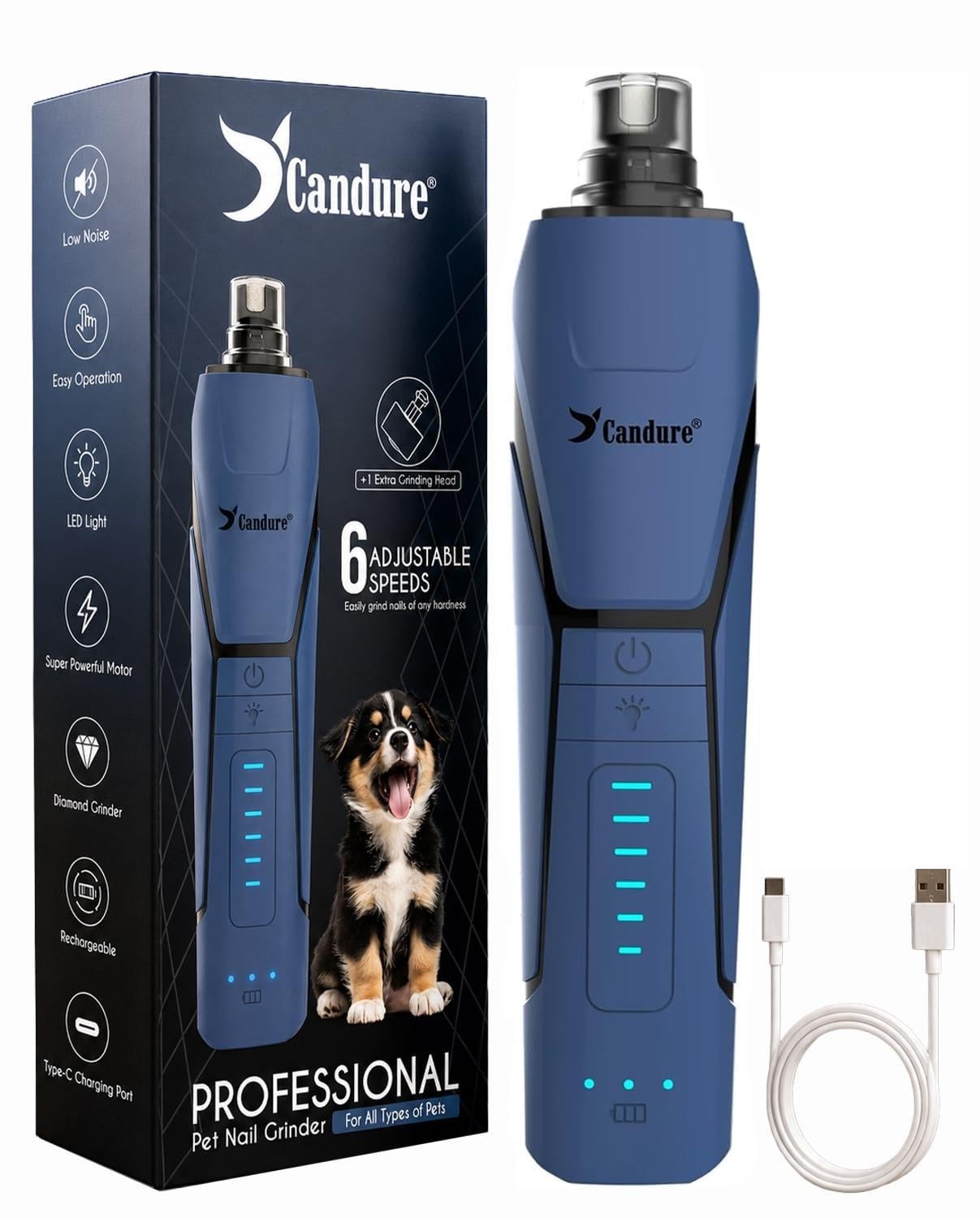 Candure Whisper Quiet Dog Nail Grinder with 360 Degree LED Light, 6-Speed Rechar