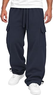 Mens Heavyweight Fleece Cargo Sweatpants - Baggy Fit Thick Cotton-Blend Fleece Cargo Pants with Adjustable Ankle Drawstring