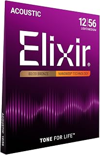 Elixir Strings 80/20 Bronze Acoustic Guitar Strings w NANOWEB Coating, Light/Medium (.012-.056)