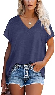 Aokosor T Shirts for Women V Neck Summer Tops Ladies Extended Shoulder Tshirt
