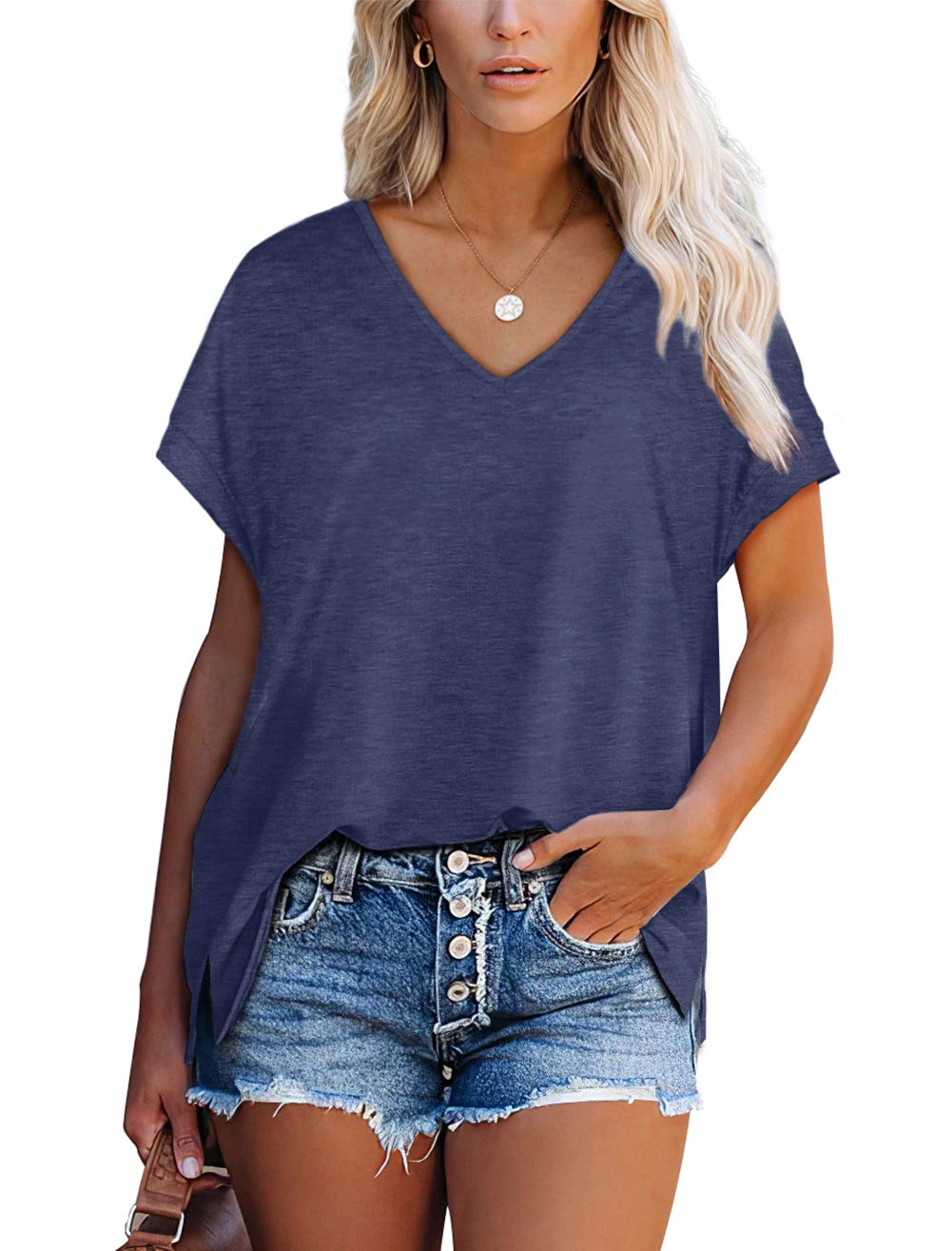 Aokosor T Shirts for Women V Neck Summer Tops Ladies Extended Shoulder Tshirt