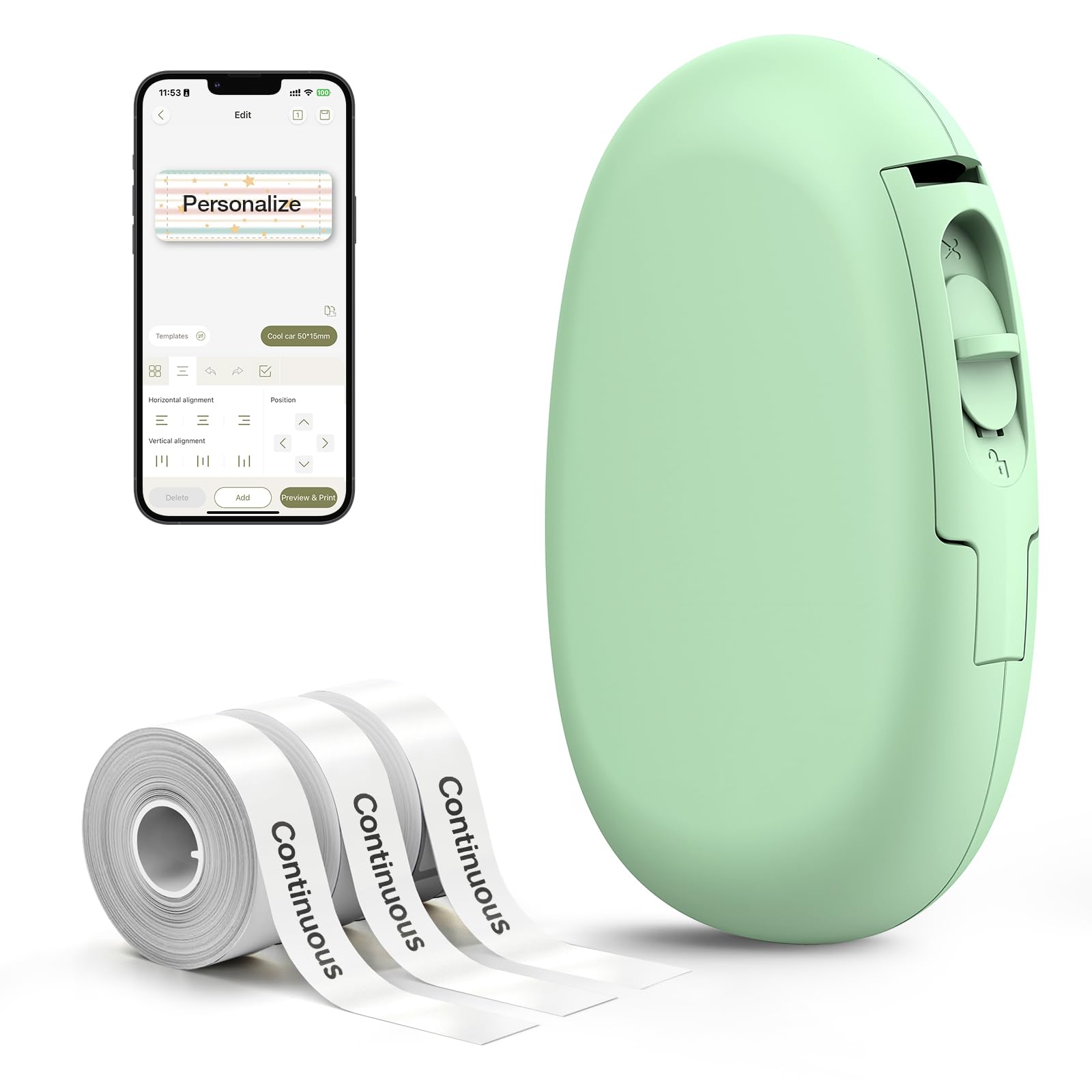 SUPVAN E10 Bluetooth Label Maker Machine with 3 Tapes, Green Bundle | Fits Conti