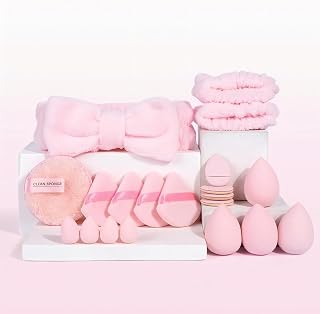 Makeup Sponges and Sponges Set, Reusable Face Makeup Sponge with Strap, Wet/Dry Use for Foundation and Powder, Fluffy Bow Headband and Wrist Absorbent Wristband (20
