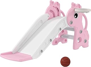 Qaba Toddler Slide 3 in 1 Kids Slide for Toddler Aged 1-3 with Climber Pink | Basketball Hoop and Ball, Baby Playset, Giraffe Design, for Indoor and Outdoor Play