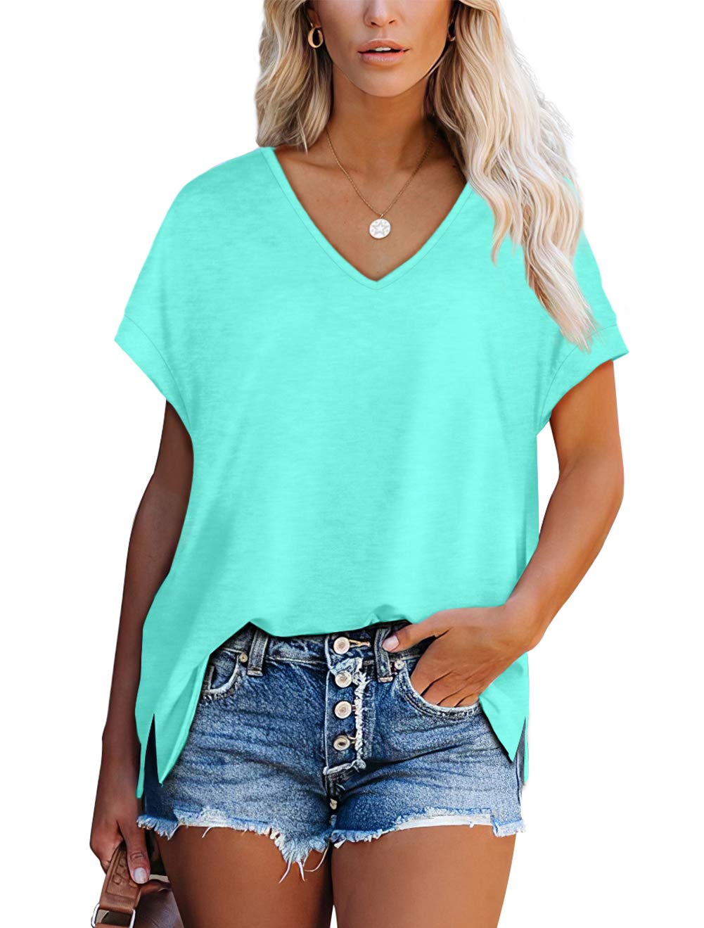 Aokosor T Shirts for Women V Neck Summer Tops Ladies Extended Shoulder Tshirt