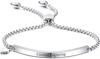 INBLUE Personalized Bracelet Engraving Name Date for Women Custom Stainless Steel Bangle with Adjustable Link Chain Heart Tag Bridesmaid Best Friend Jewelry Gifts