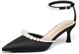 Coutgo Womens Pearl Kitten Heels Closed Pointed Toe Wedding Bride Dress Shoes Ankle Strap Satin Pumps