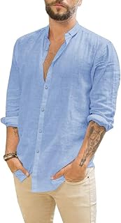 Friptspyg Linen Shirts Mens Long Sleeve Button Down Beach Causal Shirts for Men Adult