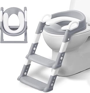 KIDOOLA Adjustable Potty Ladder Seat for Toilet Training with Steps, Handle & Soft Cushion Design, Non-Slip | Space Efficient | Foldable & Easy Assembly Splash Guard Included - Grey