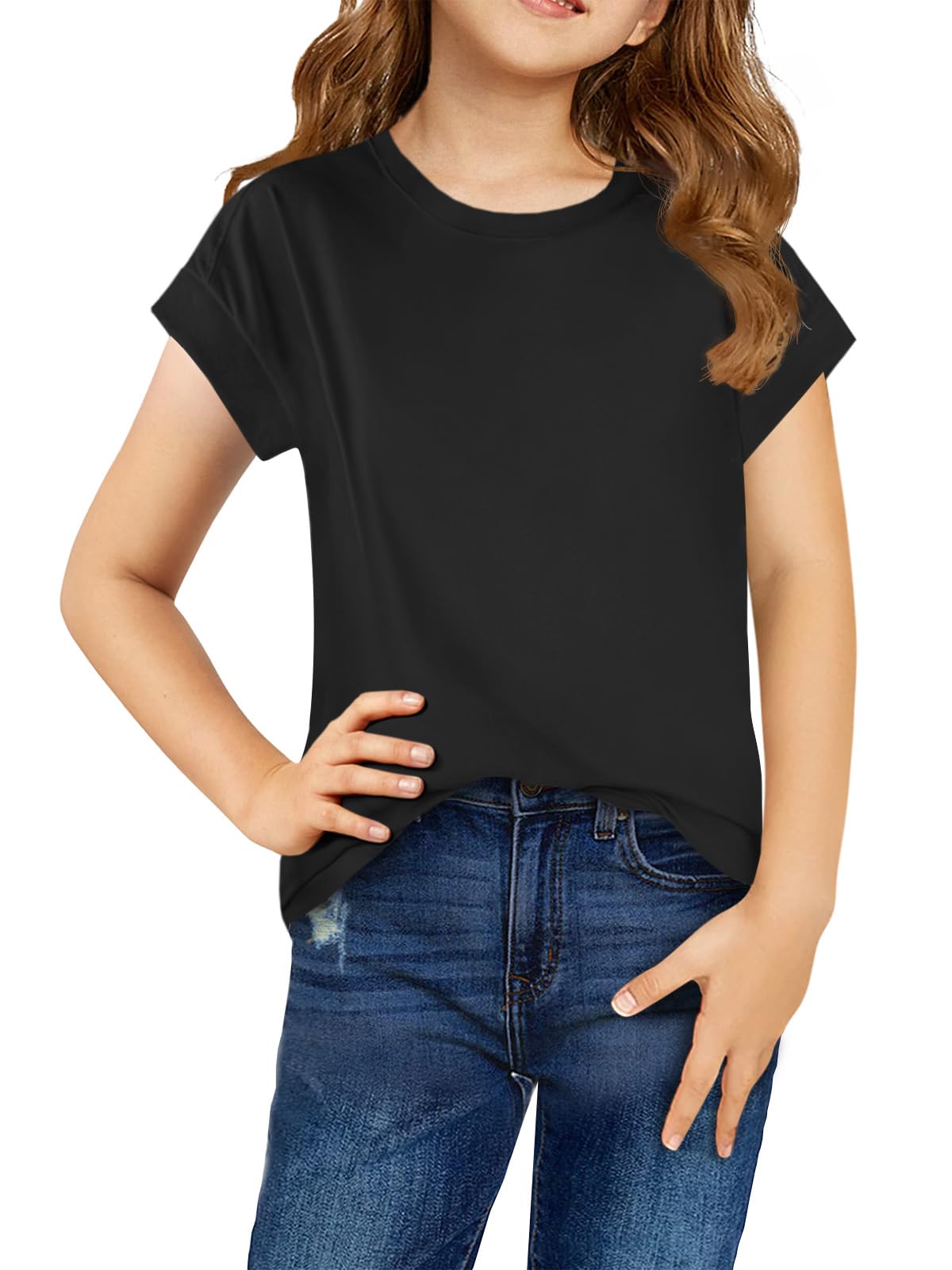 Haloumoning Baby Girls Summer Cap Sleeve Shirts Casual Cute Round Neck Tops 5-14