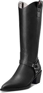 Aachcol Women's Western Cowboy Boots Medium Shaft Pull-Up Pointed Toe Chunky Wide Medium Heel Dress Shoes Suede Shopping Zip 6.5 cm