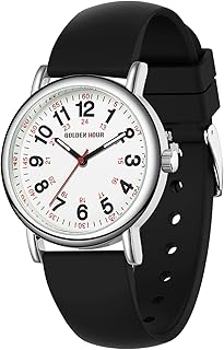 GOLDEN HOUR Waterproof Nurse Watch for Medical Professionals, Students Women Men - Military Time Luminouse Easy Read Dial, 24 Hour with Second Hand, Colorful Silicone Band
