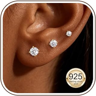 3 Pairs 14k Gold Studs Earrings for Women Hypoallergenic Cubic Zirconia gold stud earrings with 925 Sterling Silver Post Jewelry Gift for Women (3mm+4mm+5mm)