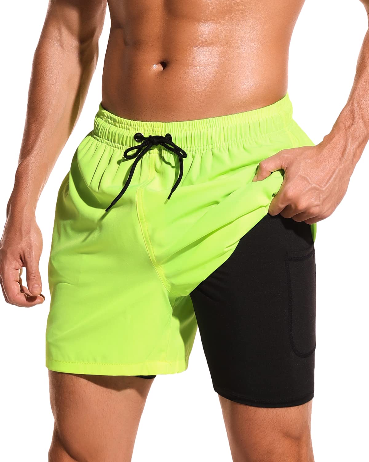SILKWORLD Mens Swimming Trunks with Compression Liner and Zipper Pockets