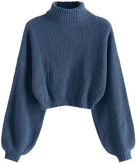 ZAFUL Women's Pullover Sweater Drop Shoulder Plain Knitted Cropped Sweater Pullover Solid Long Sleeve Cropped Tops