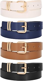 LEACOOLKEY 4 Pack Women Belts for Jeans Ladies Leather Waist Belt for Pants Jeans Dresses with Gold/Sliver Buckle