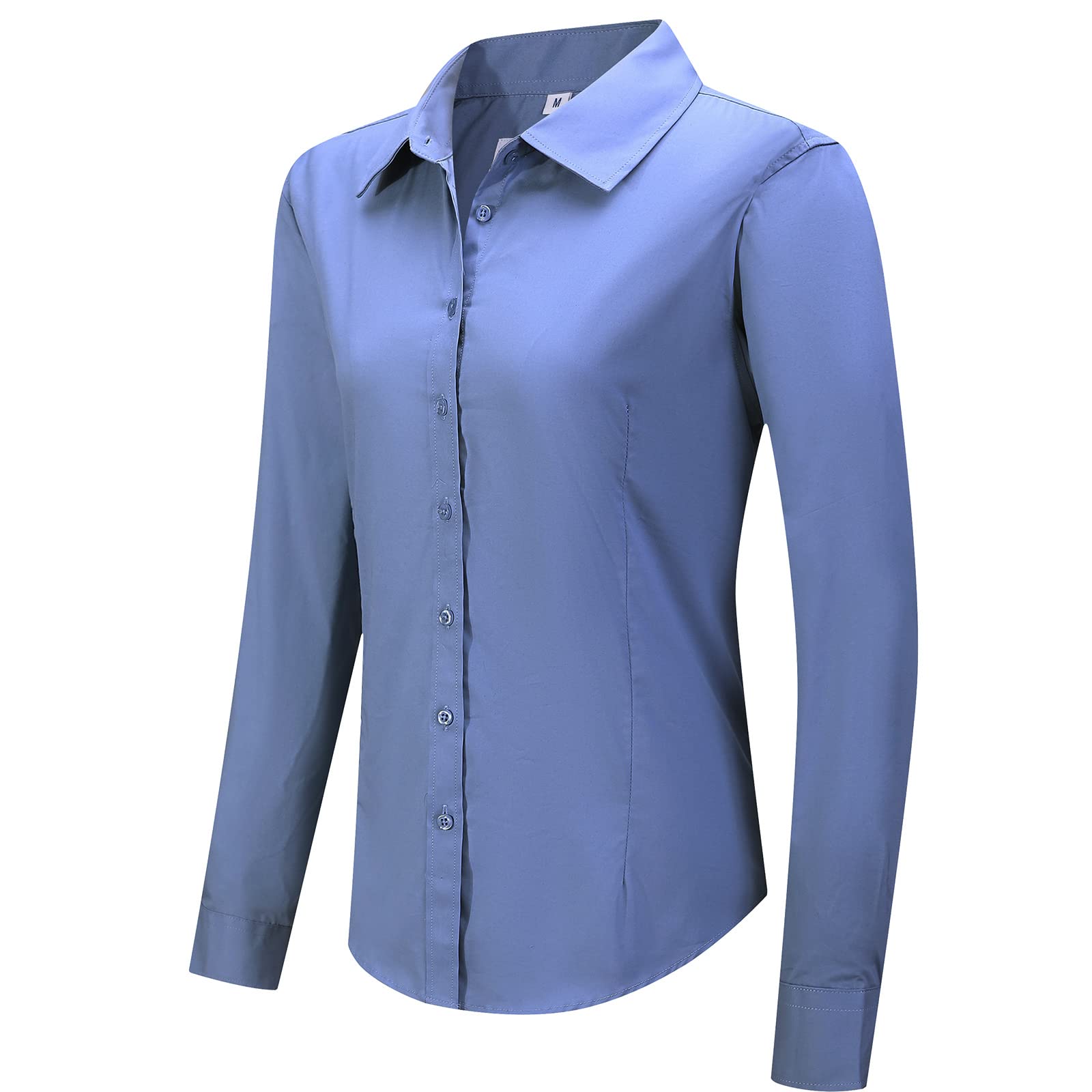 Women's Slim-Fit Button Down Shirts Stretchy Cotton Long Sleeve Work Blouse