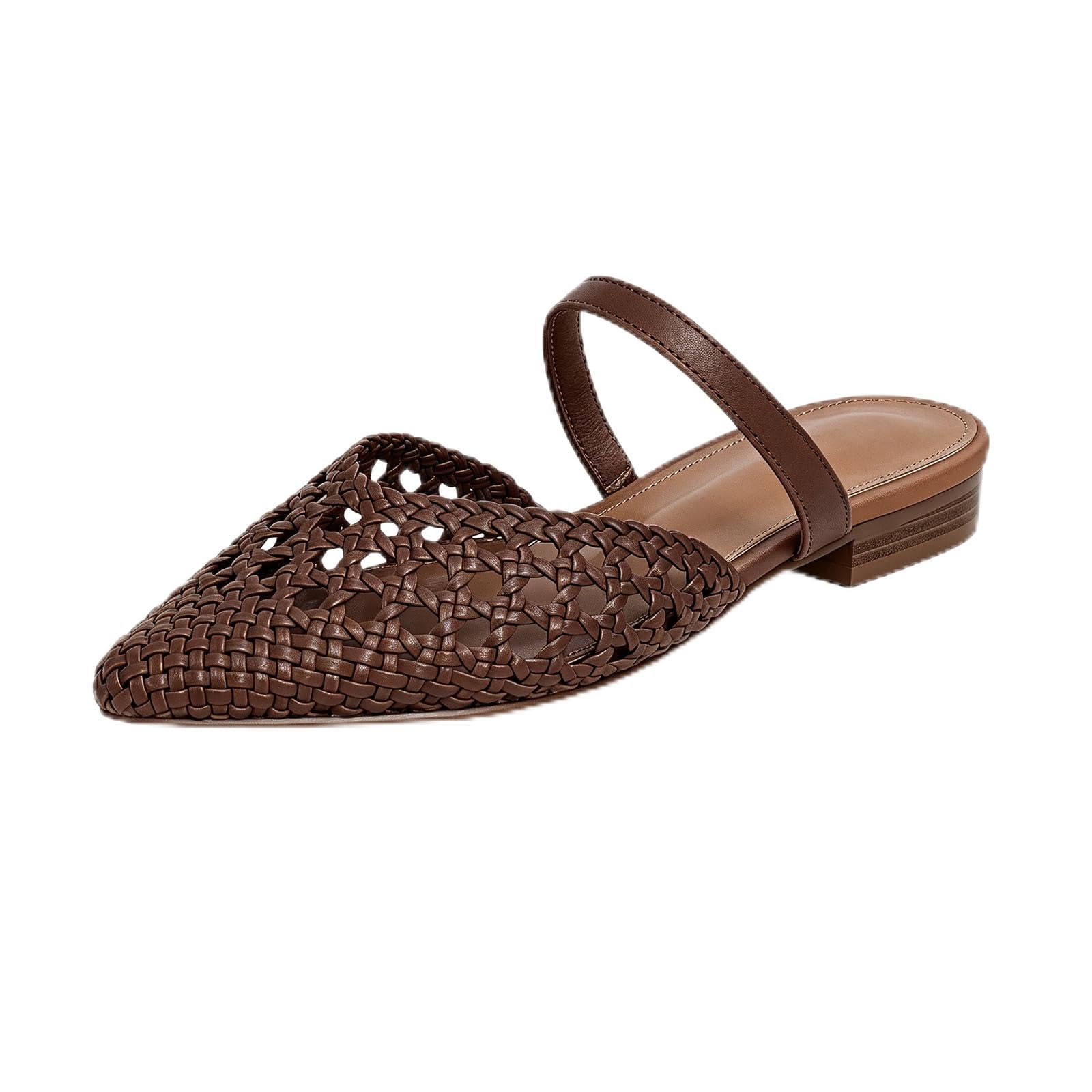 Mesh Mules for Women Comfy Raffia Woven Strap Closed Pointed Toe Mule Flats Casu