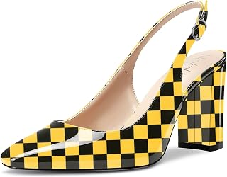 NobleOnly Women's High Chunky Wide Heel Closed Toe Square Toe Slingback Pumps Slip-on Cute Dress Office Shoes 8.5 CM Heels