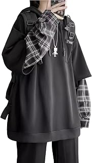 FJLTDCP Men's Hoodie, Long Sleeve, Faux Layered, Layering Style, Plaid Pattern, Large Size, Casual, Loose, Sweatshirt, Top, Pullover