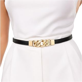 Thin Black Belt with Gold Buckle for Women Skinny PU Leather Waist Belt for Dresses Fashion Accessory for Casual Formal and Office Outfits