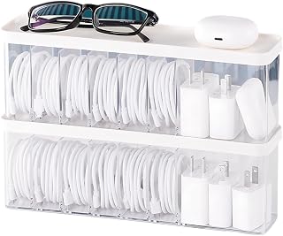Charger Cable Cord Storage Organizer Box - Easy Storage Without Cable Ties | Stackable,with Lid,Dust-Proof,Space Saving,6 Standard Space and 1 Larger Space,for Home Office Desk Accessories Supplies