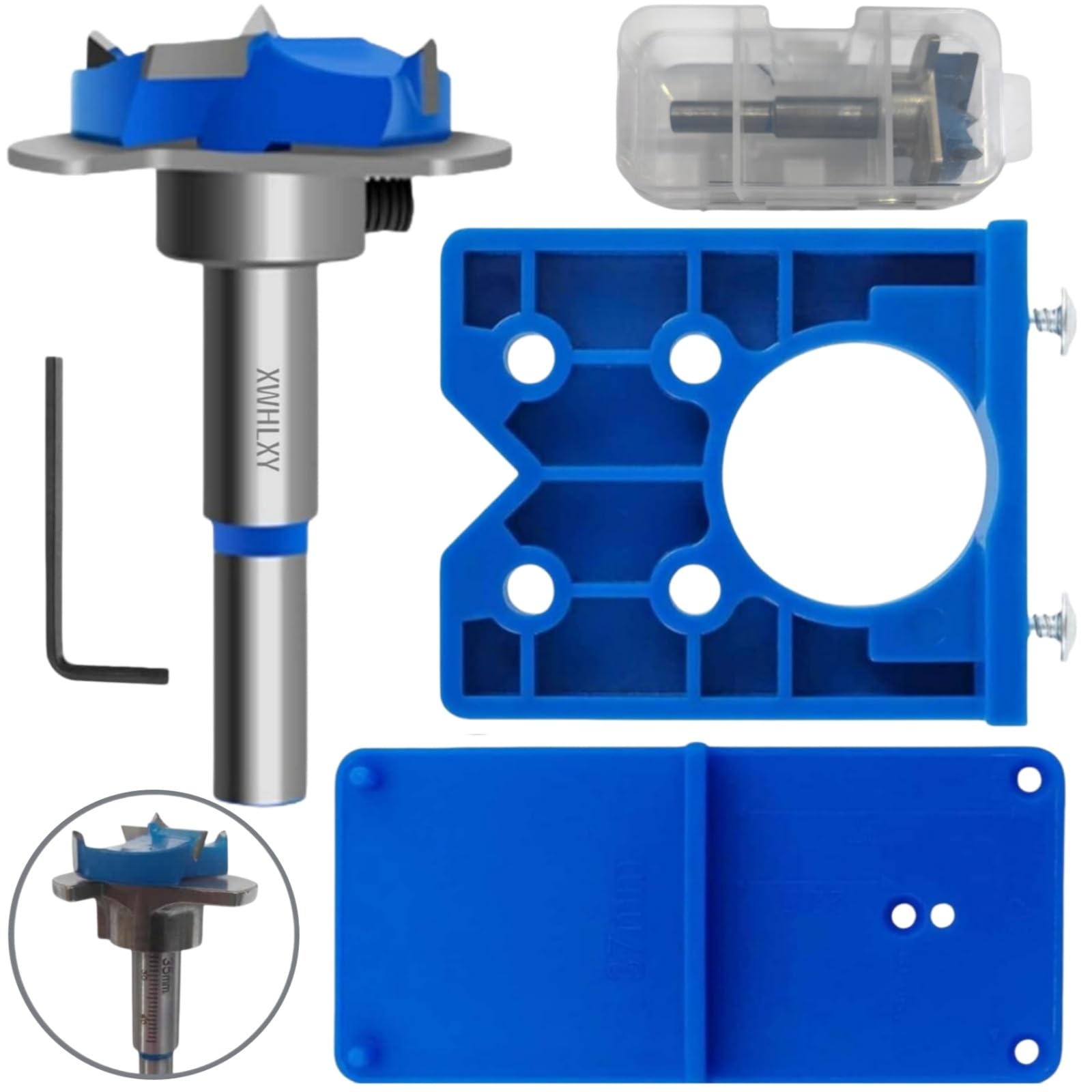 XWHLXY 35mm Hinge Jig Drill Bits Sets w/Guide Plate & Forstner Bit | Hinge Hole 